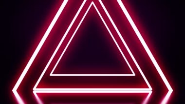 Siyah zemin üzerine kırmızı neon üçgen bir tünel. Soyut neon üçgenler fly away teker teker şekillendirme tünel