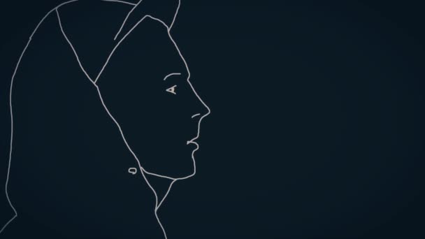 Weiße Kontur eines jungen Mannes im Profil, der Zigarettenrauch auf schwarzem Hintergrund ausatmet. weiße Silhouette eines Teenagers mit Kapuze und Mütze, der Zigarette auf schwarzem Hintergrund raucht. — Stockvideo