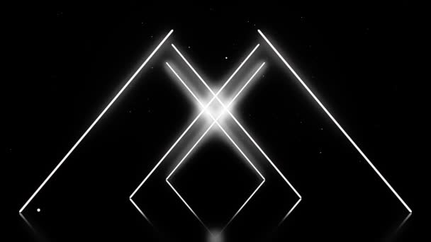 Fliegen durch geometrische Abstraktion mit weißen Sternen auf schwarzem Hintergrund. Umwandlung geometrischer Figur in x-Buchstaben auf schwarzem Hintergrund. — Stockvideo