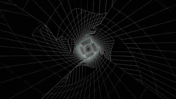 Monochrom Неонові лінії обертаються усередині тунель, пролітаючи через нього, безшовні петлю. Сучасні, геометричні фігури тунель, геометричних абстрактним фоном. — стокове відео