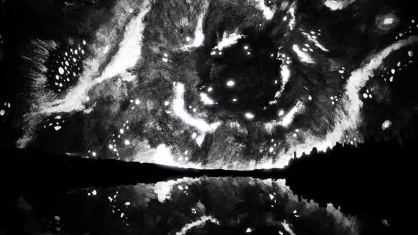 Galáxia preto-branca. Animação com efeito de pintura a óleo sobre tela. Paisagem com siluets pretos de colinas e lago com reflexão de céu noturno preto-branco — Vídeo de Stock