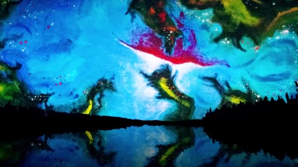 Cielo con galaxia de color. Pintoresca animación del cielo nocturno en las montañas con reflejo en el lago. Efecto acuarela del brillante cielo galáctico — Vídeo de stock