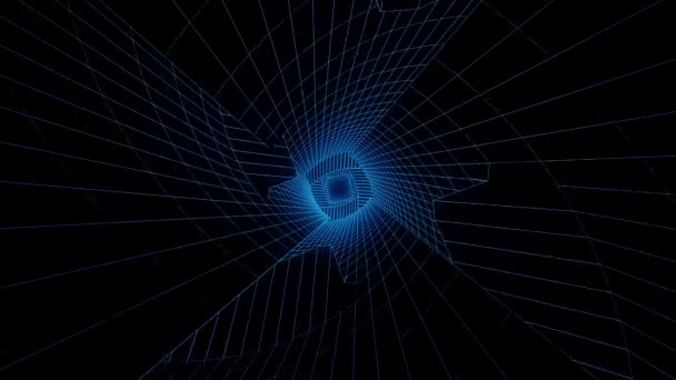 Infographie. Tunnel holographique néon. Animation du tunnel géométrique en grille néon sur fond noir — Video