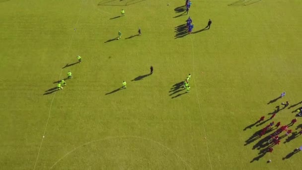 Vista aerea di allenamento di calcio all'aperto. Formazione di persone sportive per la partita . — Video Stock