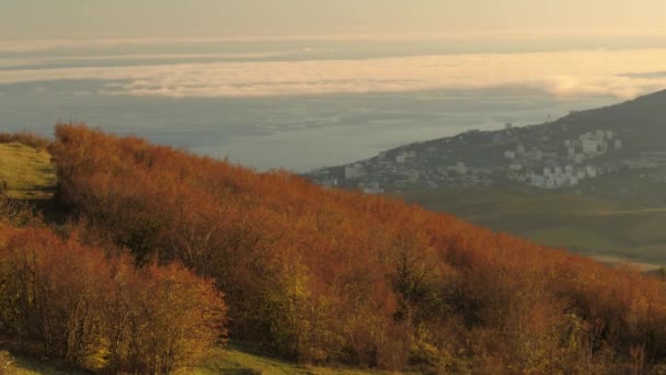 Mooi uitzicht op klein kustplaatsje vanaf de top van de berg vallende struiken op blauwe bewolkte hemelachtergrond. Schot. Antenne voor de herfst landschap van een kustplaats in een zonnige dag uit hoge heuvel. — Stockvideo