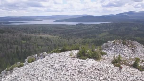 Bovenaanzicht van het panorama van de bergen en meer. Clip. Uitzicht op de prachtige bergen met groene pine forest en blauw meer van uitlopers — Stockvideo