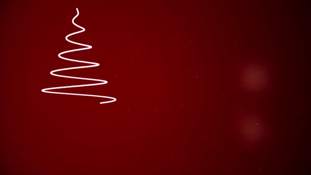 抽象的なクリスマス ツリーが立ち下がり雪とライトと赤の背景に白のスパイラル ラインによって示されています。人工クリスマス ツリーの概略図、偽物の結婚クリスマスと新年あけましておめでとうございますのコンセプト. — ストック動画