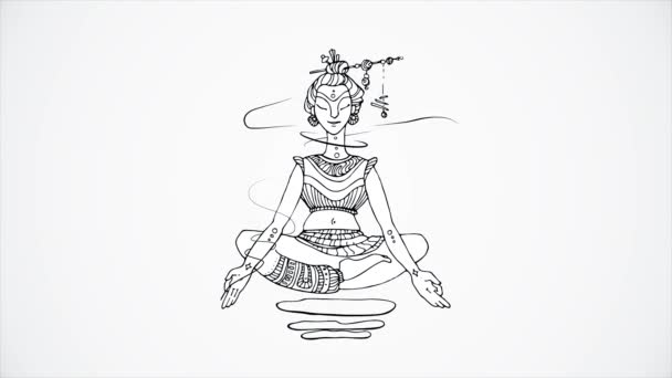 Résumé, sportif, jeune yogi en position lotus, volant dans les airs, isolé sur fond blanc. Image de ligne de yogi lumineux s'élevant dans l'air en position lotus, concept de vie saine et de relaxation . — Video