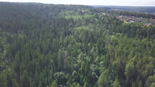 Vista superior de la hermosa aldea rural en el bosque. Clip. Vivir en soledad con la naturaleza en el bosque. Pequeño pueblo con cabañas para vacaciones de verano — Vídeos de Stock