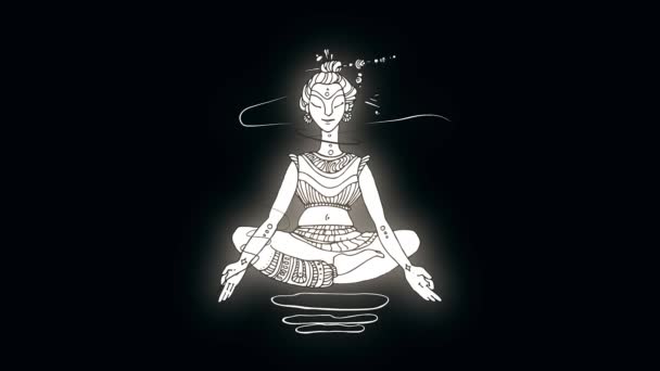 Résumé, sportif, jeune yogi en position lotus, volant dans les airs, isolé sur fond noir. Image de ligne de yogi lumineux s'élevant dans l'air en position lotus, concept de vie saine et de relaxation .
