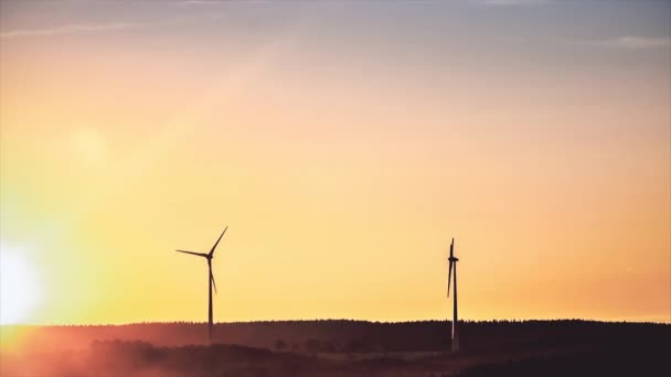 Abstract power windmills on the horizon and a beautiful, golden sunset landscape. Clean and ecological energy generated with the wind of nature through silhouettes of wind turbines, ecology concept. — Stock Video