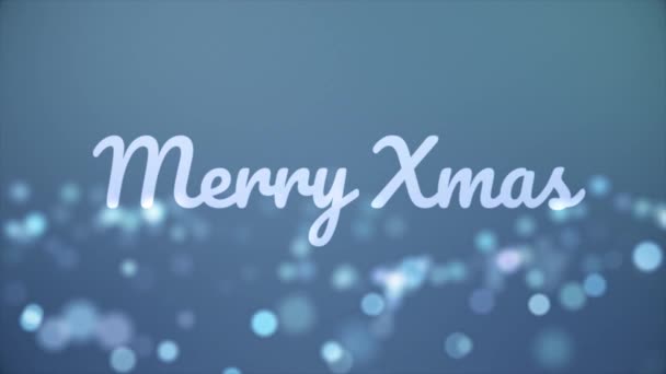 Formulering Merry Christmas met kleine, fuzzy lichten vliegen op blauwe achtergrond, groeten kaart style. Zin vrolijke kerst met veel ronde lampjes, Happy New Year concept. — Stockvideo