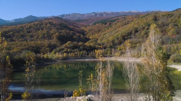 Pohled z jezera s podzimní les a hory shora. Střela. Sušení se horské jezero na podzim. Malebnou podzimní horské krajiny s barevné žluté stromy — Stock video