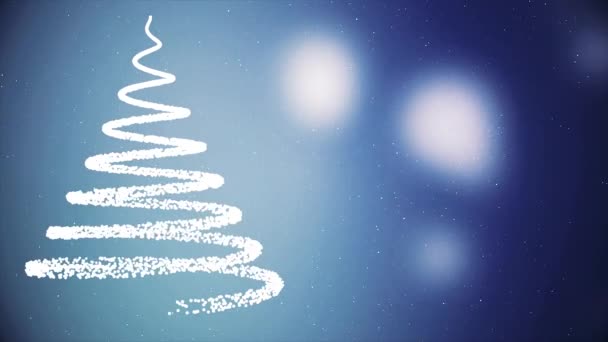 雪の上に落ちると暗い青色の背景は、冬の休日シンボルのライトが点滅、抽象的なスパイラル人工クリスマス ツリー。ネオン偽物のクリスマス ツリー、新年あけましておめでとうございます、偽物のメリー クリスマスという概念. — ストック動画