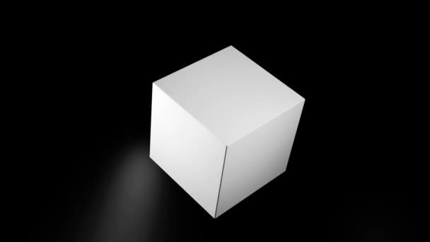 abstrakt, 3D, rotierender Monochrom-Würfel, isoliert auf schwarzem Hintergrund mit weißem Licht, nahtlose Schleife. geometrische, schwarz-weiße Animation mit rotierenden 3D-Formen Würfel und runden, unscharfen Lichtern.