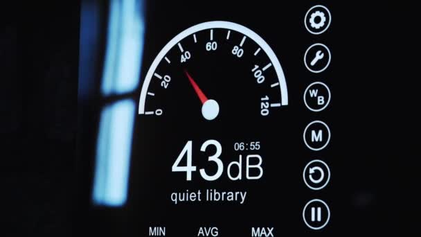 Close-up of sound meter screen for measuring noise level around. Electronics and gadgets. — Stock Video
