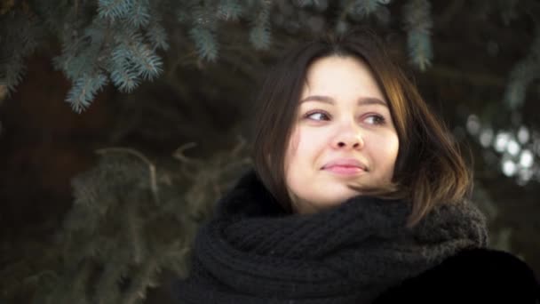 Cerca de la muchacha joven, atractiva en el abrigo de piel y la bufanda tejida que mira a la izquierda en el parque invernal, la moda callejera. Retrato de mujer hermosa en ropa de invierno sobre el fondo de ramas de abeto . — Vídeo de stock