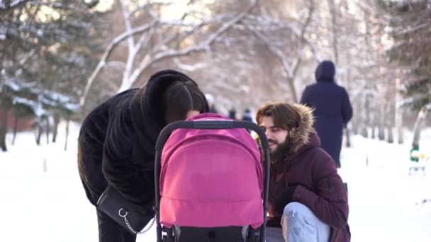 Joyeux, jeune famille marchant dans un parc d'hiver, maman, papa et bébé en poussette. Parents souriants penchés sur une poussette rose et parlant avec bébé sur un fond d'arbres enneigés . — Video