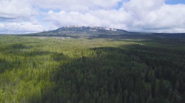Üstten görünüm yoğun yeşil orman ve dağ en yüksek kar ile. Küçük. Dağın karla kaplı top karşı bulutlu gökyüzü ile yoğun ormanlar