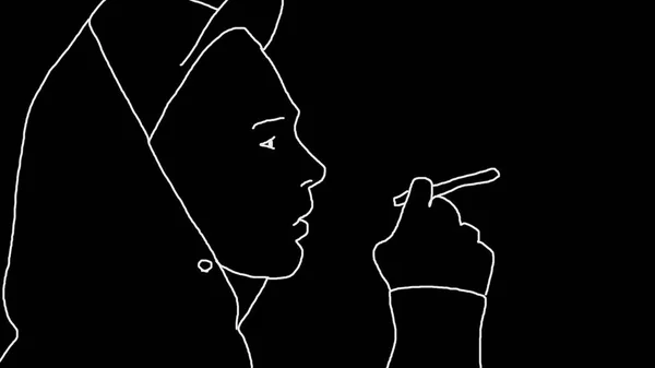 Απλό animation πορτρέτο του καπνίσματος τύπος. Επαναλαμβανόμενη κίνηση των secureware τσιγάρων. Εικόνα της λευκή σιλουέτα του νεαρού άνδρα με μαύρο φόντο — Φωτογραφία Αρχείου
