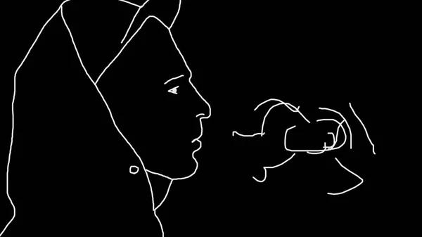简单的动画的肖像吸烟的家伙。安全烟盒香烟的重复运动。年轻人的白色剪影的图片在黑色背景 — 图库照片