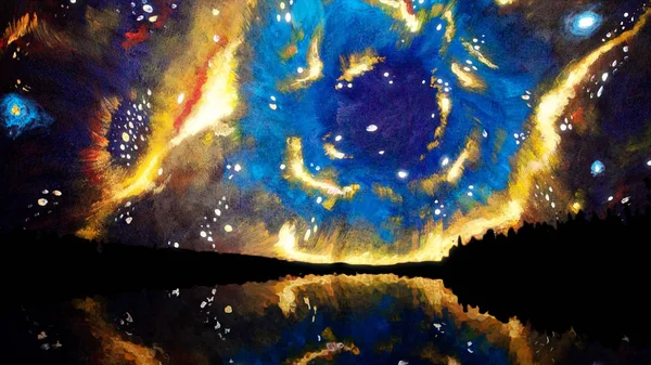 Cielo con galaxia de color. Pintoresca animación del cielo nocturno en las montañas con reflejo en el lago. Efecto acuarela del brillante cielo galáctico — Foto de Stock