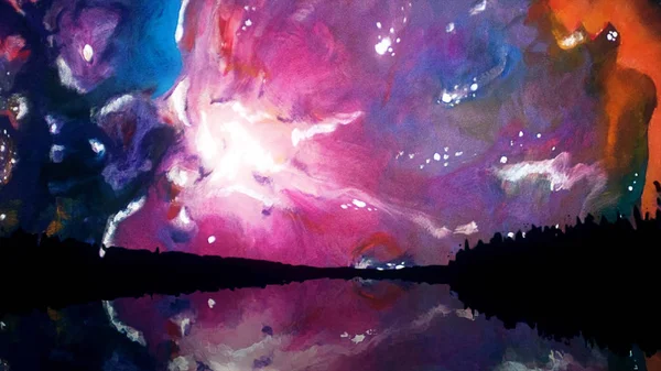 Sky with colour galaxy. Picturesque animation of night sky in mountains with reflection in lake. Watercolor effect of colorfully shimmering galactic sky
