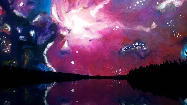 Himmel mit Farbgalaxie. malerische Animation des Nachthimmels in den Bergen mit Spiegelung im See. Aquarell-Effekt eines bunt schimmernden galaktischen Himmels — Stockfoto