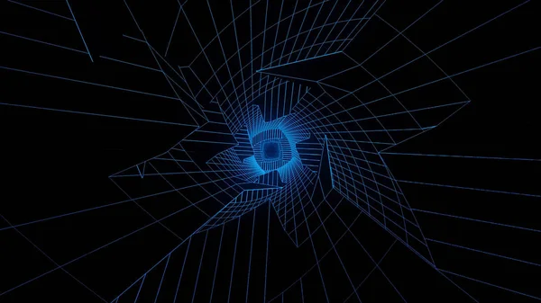 Infografía. Túnel holográfico neón. Animación de túnel geométrico en rejilla de neón sobre fondo negro —  Fotos de Stock