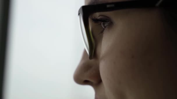 Close-up de jovem mulher com óculos olhando para longe. Vista de perto de olhos castanhos através de óculos. Vista lateral de belos olhos olhando para a luz — Vídeo de Stock
