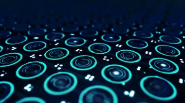Abstract, colourful, mavi daireler ve kayan nokta, sorunsuz döngü. Neon daireler, koyu mavi renkli dönen soyut elektronik düzeni için yakın çekim.