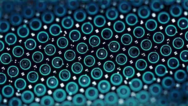 Abstract, kleurrijke, blauwe cirkels en zwevende stippen, naadloze loops, top uitzicht. Close-up voor abstracte elektronische regeling met roterende neon cirkels, donker blauwe achtergrond. — Stockvideo