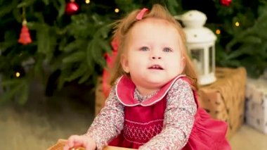 Noel çocuk. Sevimli küçük çocuğun yanında ağaç. Noel çocuklar. Küçük kız Noel ağacı yakınındaki oyuncaklar ile oynama