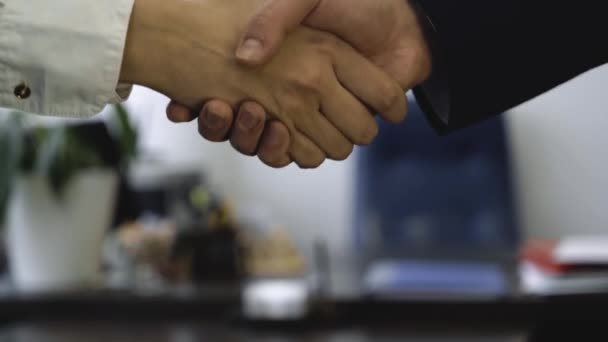 Närbild av handslag på bakgrund av office. Bra affär säkrade partnerskap med handslag. Två medarbetare handskakning — Stockvideo