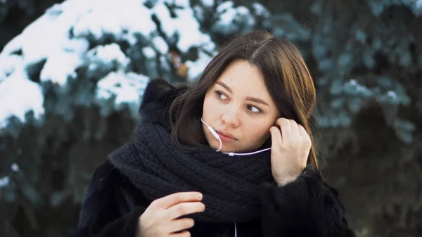 Young woman wearing white headphones outdoors in winter. Young attractive woman in black coat wearing white pull-cord headphones on background of spruce in winter