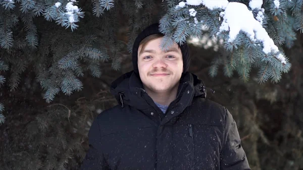 Jeune homme debout sur fond d'épinette en hiver. Jeune homme beau se tient sous l'épinette et beau jette de la neige — Photo