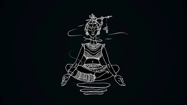 Animation of meditating woman on black background. Drawing of white lines of Indian woman levitating in lotus position on black background. Abstract animation of yoga and meditation
