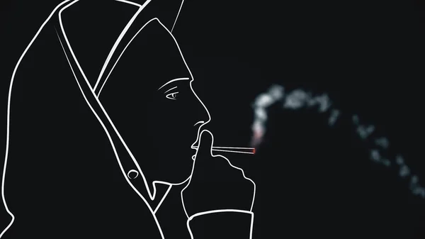 Abstract of guy with cigarette. Animation of smoking guy on black background. Silhouette guy in cap and sweatshirt drawn by white lines looped lights cigarette.