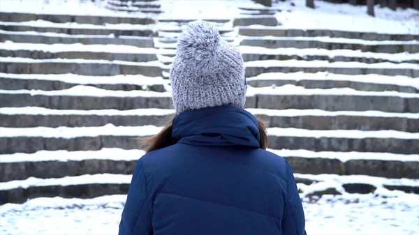 Vista trasera de la mujer con sombrero se queda en un parque mientras nieva, fondo de escaleras nevadas. Una sola mujer sola. nieve en invierno, paisaje, escena romántica . — Foto de Stock