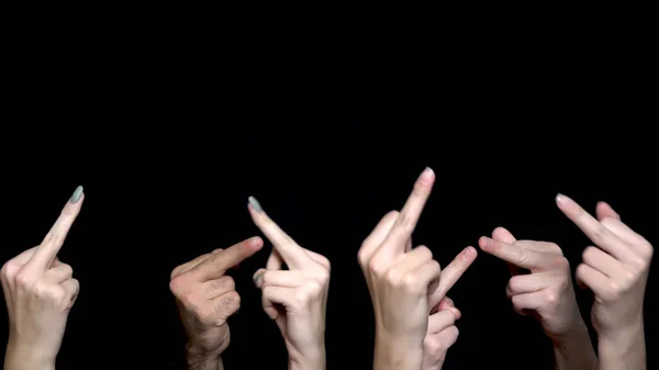 Σκατά μπορείτε να εισέλθετε με το χέρι, απομονωμένες σε μαύρο φόντο. Fuck εσείς χειρονομία, χέρια που δείχνουν το μεσαίο δάχτυλο, έννοια του θυμού. απομονωμένα σε μαύρο φόντο — Φωτογραφία Αρχείου