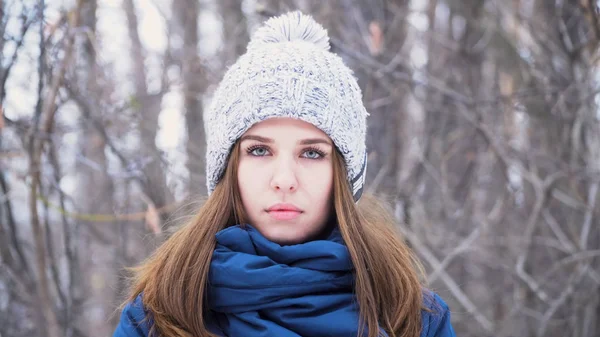 Szczegół portret pięknej młodej kobiety kaukaski uśmiechający się w zimie Kurtka, czapka i szalik. Brunetka dziewczyna snowy drewna portret. — Zdjęcie stockowe