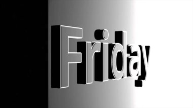 Maddeler - Cuma, siyah ve gri arka plan, 3d üzerinde. Animasyonlu metin Cuma günü koyu arka plan.