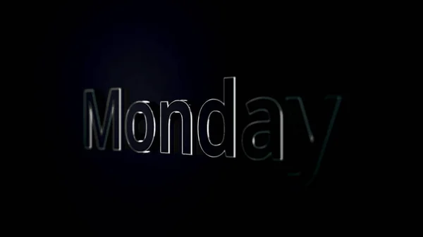 Maandag tekst woord glijden over zwarte, glanzende achtergrond, 3d animatie. Zilver, 3D-tekstanimatie van woord maandag — Stockfoto
