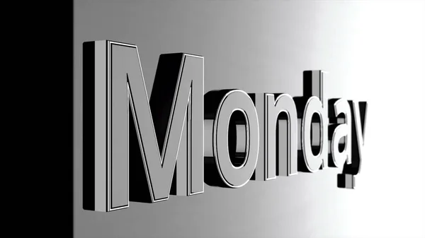 Monday text word gliding on black, glossy background, 3D animation. Silver, 3D text animation of word monday — Stock Photo, Image