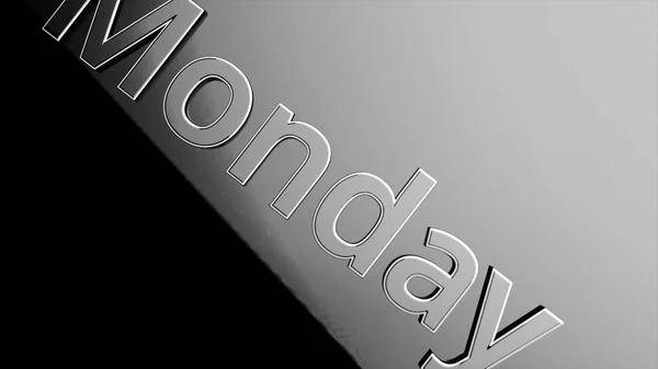 Monday text word gliding on black, glossy background, 3D animation. Silver, 3D text animation of word monday — Stock Photo, Image