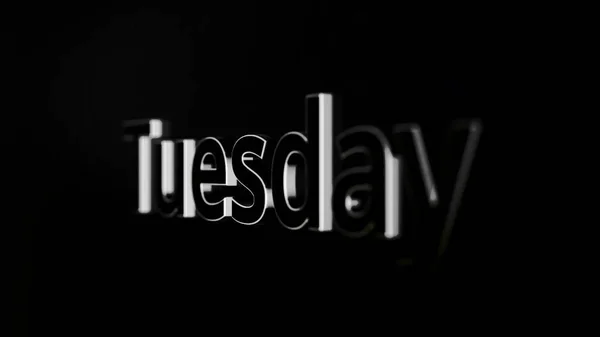 Silver word tuesday moving on black and grey background, 3D. Day of week tuesday animated on black and grey background — Stock Photo, Image