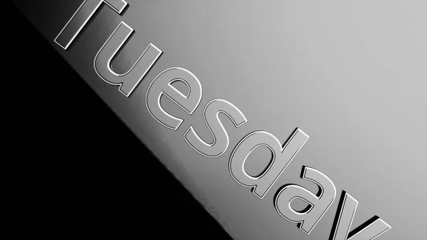 Silver word tuesday moving on black and grey background, 3D. Day of week tuesday animated on black and grey background — Stock Photo, Image