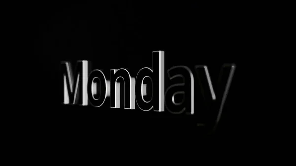 Lunes palabra de texto deslizándose sobre fondo negro, brillante, animación 3D. Plata, animación de texto 3D de la palabra lunes — Foto de Stock