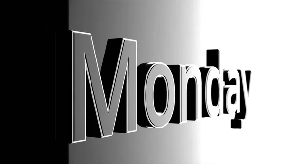 Monday text word gliding on black, glossy background, 3D animation. Silver, 3D text animation of word monday — Stock Photo, Image