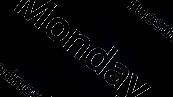 Hétfőn szöveg szó siklik a fekete, fényes háttér, 3d animáció. Ezüst, 3D-s szöveg animáció szó hétfő — Stock Fotó